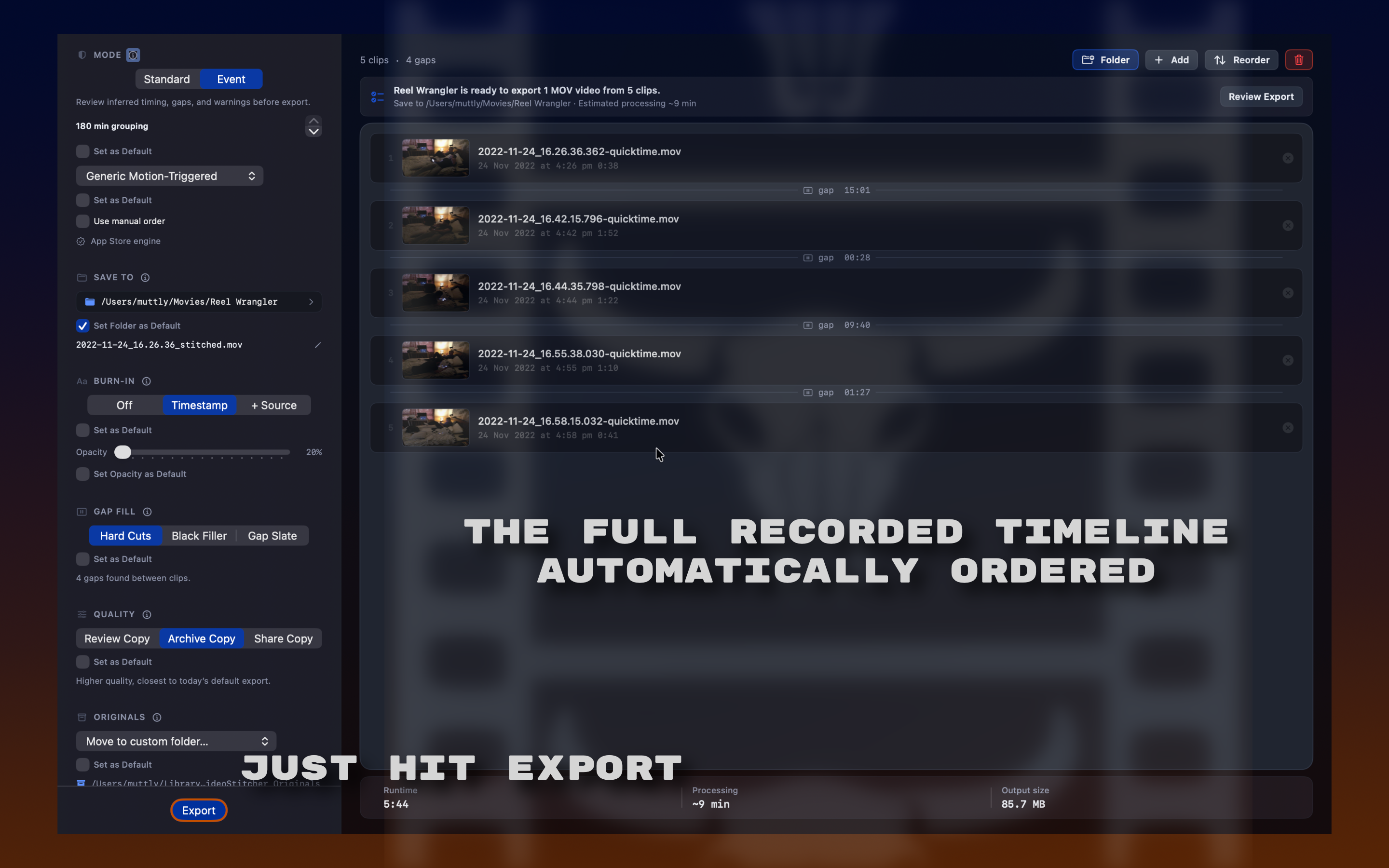 Reel Wrangler review timeline showing ordered clips and gaps